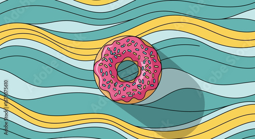 A colorful illustration of a glazed donut with sprinkles on a wavy background