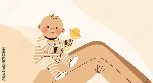 A Content Infant Holding A Toy Rattle, Parent Legs, Pastel Colors, Minimalist Design