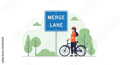 Young Woman With Bicycle And Merge Lane Sign In Tranquil Park Environment