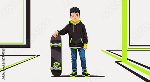 A Cool Skateboarder Boy Posing with His Skateboard on a Modern Abstract Background