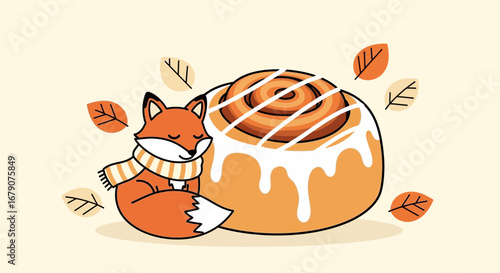 A Cuddly Fox And A Delicious Cinnamon Roll Illustration in Fall Season
