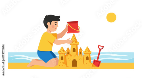 Youngster Building Remarkable Sandcastle on Beach Under Blazing Sun Shining Brightly