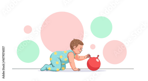 A Curious Child Interacting With A Rubber Ball Surrounded By Colorful Pastel Shapes