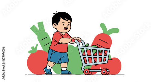 Youngster Buys Groceries and Carries a Shopping Cart Full of Fresh Vegetables