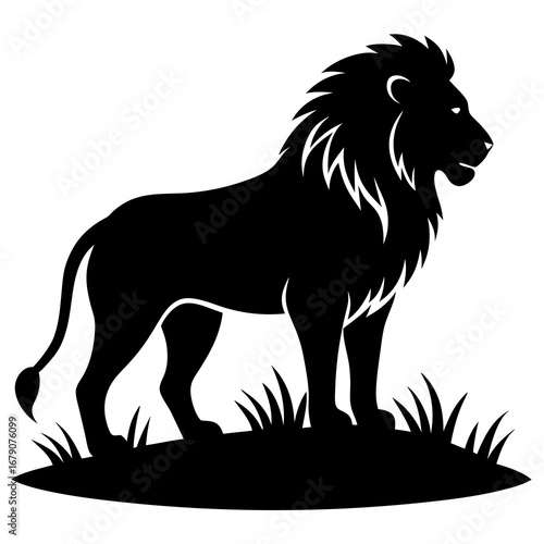 A lion standing on a rock silhouette with savanna