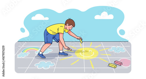 Youngster Creates Artistic Sidewalk Sun Displaying Creative Expression and Colorful Joy