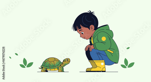 A Curious Young Boy Observing a Turtle with Interest and Wonder in Nature's Embrace