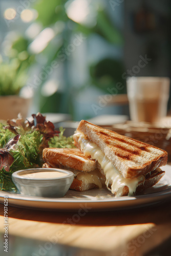Grilled cheese sandwich with salad and sauce