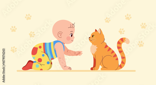 A cute baby and an orange cat interact in a heartwarming cartoon illustration