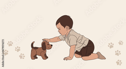 A cute baby boy petting a puppy dog: A heartwarming illustration of child and pet