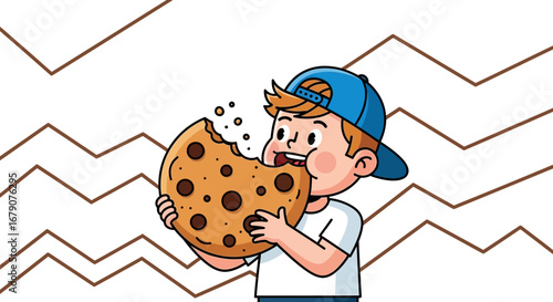 Youngster Deliciously Consuming Giant Cookie, A Delightful Treat Depicted in Playful Cartoon Style