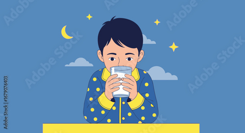 Youngster Drinking Milk At Night, Bedtime Routine Depicted With Calm Sky