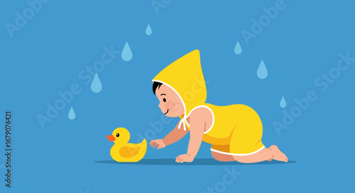 A Cute Baby Playing with a Rubber Duck in the Rain with a Yellow Raincoat