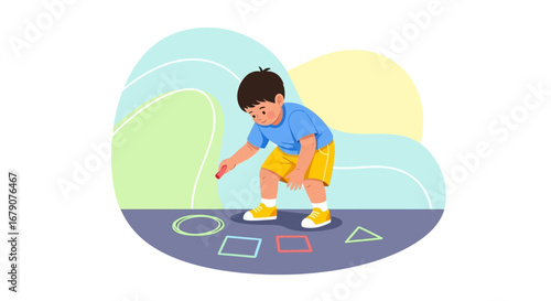 Youngster Engaged In Artistic Expression, Drawing Geometric Forms With Chalk