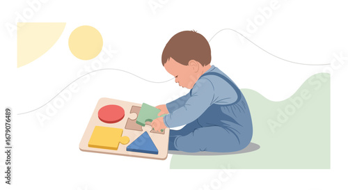A cute baby playing with a shape puzzle, early childhood learning concept illustration