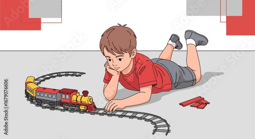 Youngster Enjoying a Colorful Toy Train While Lying on the Floor, Playtime Fun