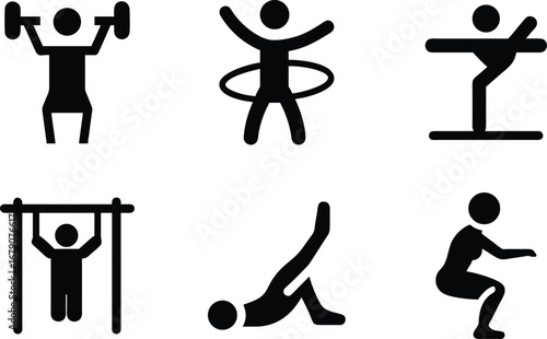 Diverse fitness and workout icons set featuring strength training and gymnastics for health and wellness apps