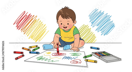 A cute cartoon illustration of a child drawing and coloring with crayons joyfully