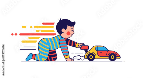 A cute cartoon illustration of a child playing with a toy race car design