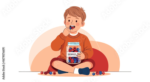 Youngster Enjoying Fresh Berries While Sitting Happy In An Eye Catching Illustration