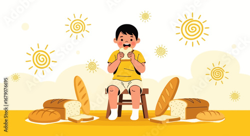 Youngster Enjoying Bread, Delicious Food and Sunshine Ambiance, Perfect for Illustration