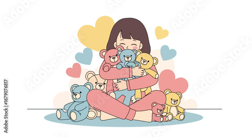 A cute girl hugging teddy bears with love in a colorful cartoon illustration happily