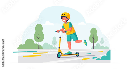 Youngster Enjoying Scooter Ride In The Park With Safety Gear For Outdoor Amusement