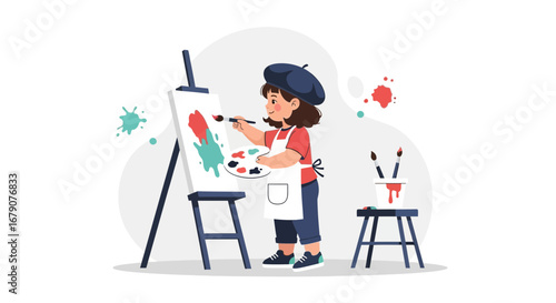 A cute girl painting on canvas with brush, art student in creative art class scenario