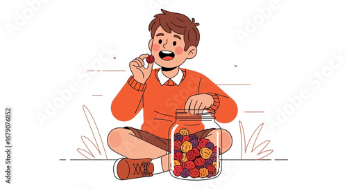 Youngster Enjoys Colorful Fruit, Sitting Near a Jar, Contentment Abounds, Cheerful Illustration
