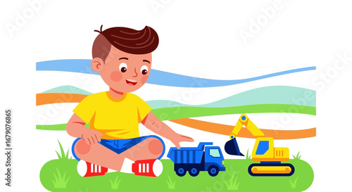 Youngster Enjoying Toy Vehicles: A Playful Illustration of Childhood Activities