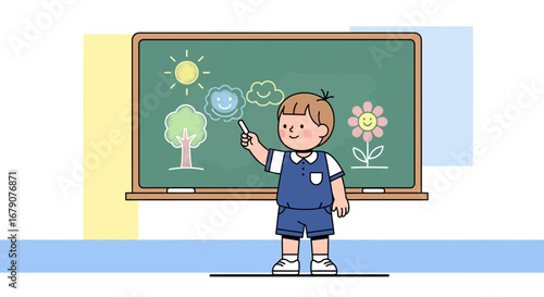 A cute illustration of a child drawing on a chalkboard in a classroom setting
