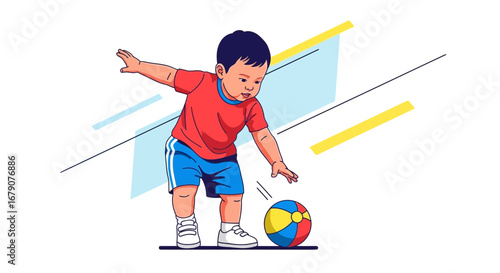 A cute illustration of a baby playing with a ball in colorful style
