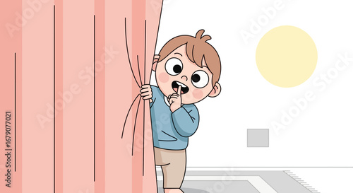 A Cute Kid Hiding Behind a Curtain with his finger on his lips whispering