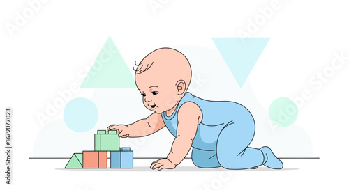 A cute little baby playing with building blocks and smiling happily on the floor