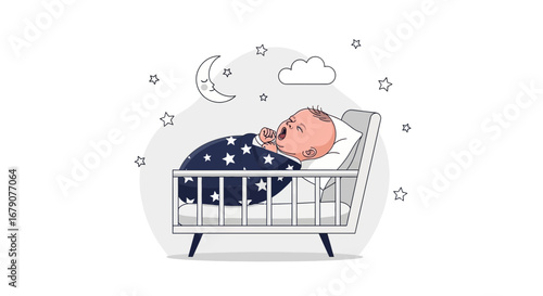 A Cute Newborn Baby Yawns in a Crib at Night Under a Blanket with Stars