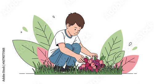 Youngster Harvesting Berry Fruits Freshly From Nature Garden Plants Outdoors Scene
