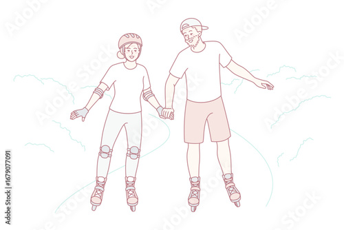 Happy mature couple have fun on roller blades on weekend in park. Overjoyed active energetic elderly man and woman ride rollers enjoy happy maturity together. Vector illustration.