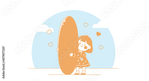 Youngster Hugs an Affectionate Object, Displaying Fondness, Cartoon Illustration Depicting