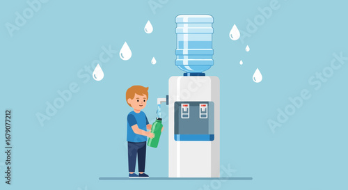 Youngster Hydrates Bottle At Water Cooler, Fresh, Clean, Convenient, And Refreshed