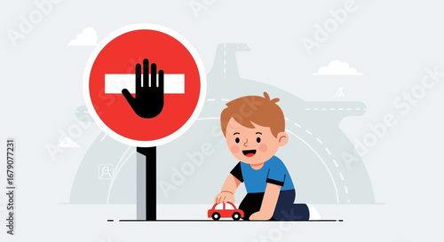 Youngster Ignorance About Road Safety Warning Sign Playing With Toy Vehicle