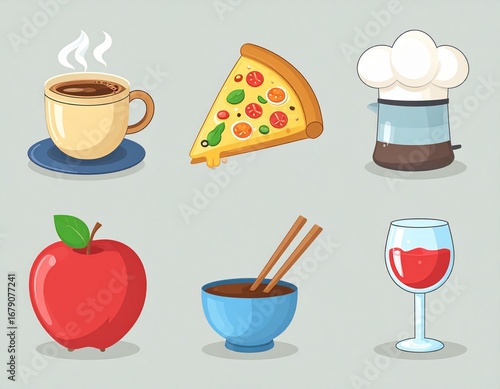 Set of Food and Drink Icons: Coffee, Pizza, and Wine
