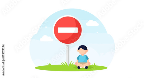 Youngster Ignoring No Entry Sign Illustration For Various Design Purposes
