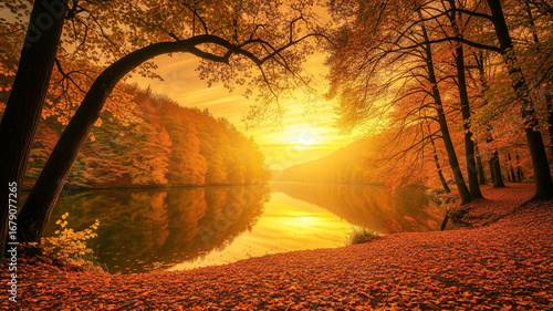 Autumn in the forest with orange leaves falling by the river with golden sunset sky in the background