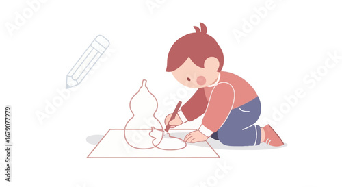 Youngster Illustrated Drawing A Gourd Shape On Paper, Simple Playful Illustration