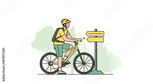 A cyclist riding a bike near a signpost indicating directions in a natural landscape