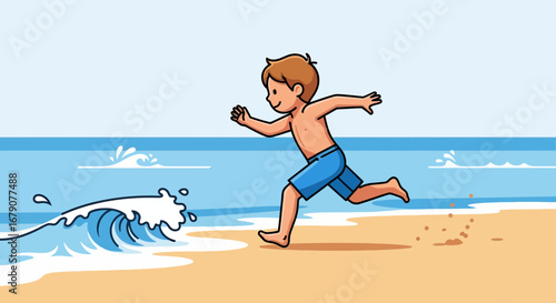 Youngster Joyfully Playing In The Ocean Waves During A Sunny Summer Day Vacation