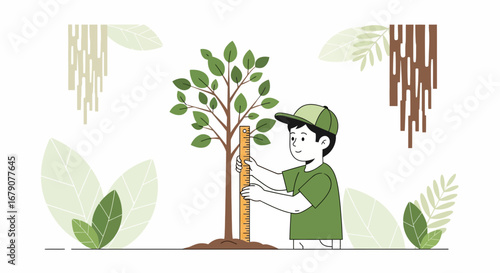 Youngster Measures Tree Growth With Ruler In Nature Illustration Graphic
