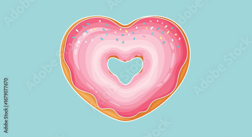 A delicious heart shaped donut with pink icing and sprinkles on a blue background