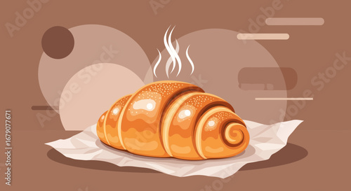 A delicious illustration of a fresh baked croissant on a paper napkin with steam