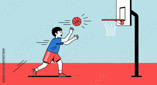 Youngster Plays Basketball, Aiming For The Hoop With Focused Determination And Skill